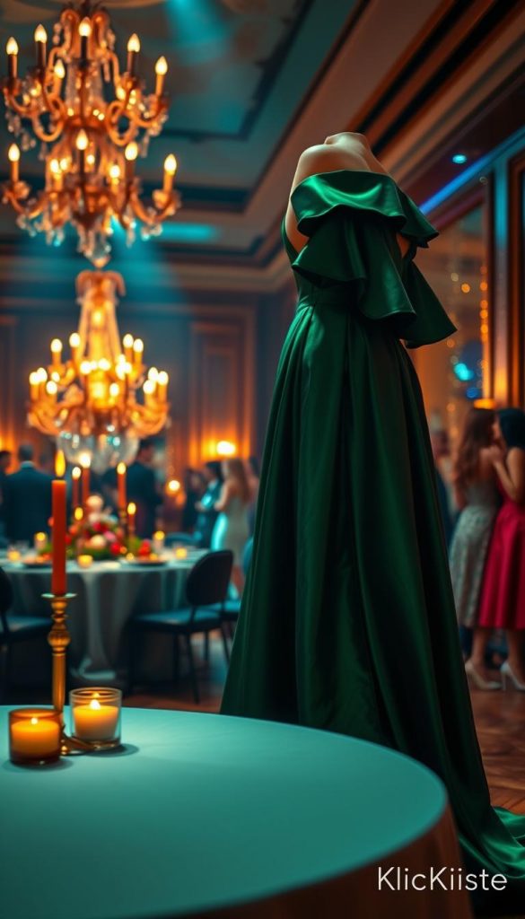 A beautiful New Year's Eve dress, featuring a stunning deep emerald green gown with elegant off-the-shoulder sleeves, falling gracefully to the floor. The fabric shimmers subtly in warm, ambient lighting, creating a luxurious and inviting atmosphere. In the foreground, place a softly lit table adorned with festive decorations, including golden candles and seasonal greenery. The middle section showcases a stylishly decorated hall with an elegant chandelier casting a warm glow over the scene. In the background, hint at a vibrant party atmosphere filled with stylish attendees in diverse outfits, hinting at a mix of black-tie and casual looks. The overall mood is festive yet sophisticated, inspiring viewers with ideas for their own New Year's Eve outfits. Captured with a warm color palette, evoke a Pinterest-inspired aesthetic, branded subtly with "KlickKiste".
