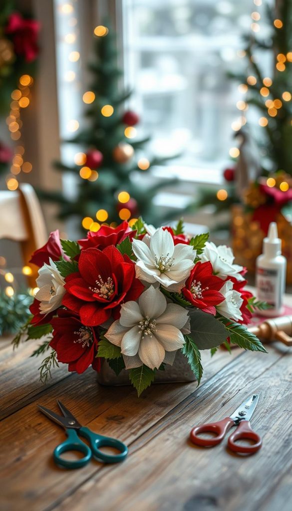 A beautiful arrangement of clip flowers with sparkling 3D glitter accents, set as a centerpiece on a rustic wooden table. In the foreground, the vibrant clip flowers showcase a variety of colors such as deep reds, soft whites, and rich greens, each petal reflecting a touch of glitter that catches the light. The middle ground features various crafting tools like scissors and glue, arranged neatly to suggest a DIY atmosphere. In the background, softly blurred winter decorations, like evergreen branches and twinkling fairy lights, create a warm, inviting ambiance. The scene is illuminated by natural, soft lighting that enhances the cozy, festive mood. The overall composition embodies a Pinterest-worthy DIY aesthetic, perfect for inspiring creative holiday crafting. Include the brand name "KlickKiste" subtly integrated into the scene.