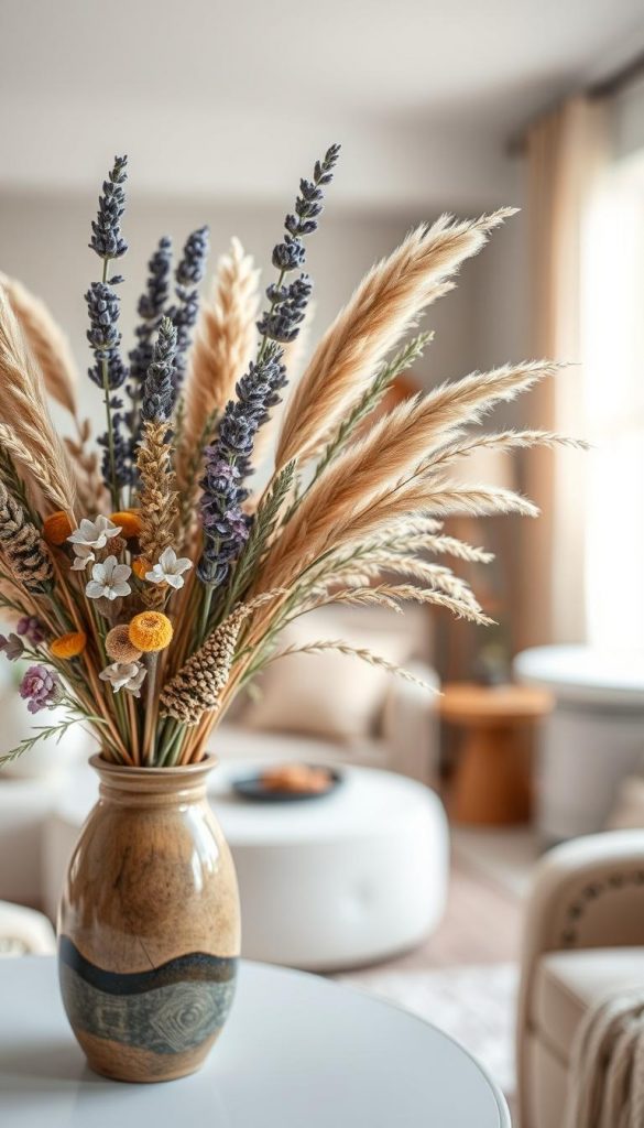 A beautiful arrangement of dried flowers for a spring-themed decoration, showcasing an elegant blend of muted pastels and warm earth tones. In the foreground, a variety of textured dried flowers like lavender, eucalyptus, and pampas grass are artistically arranged in a rustic, handcrafted vase. The middle ground features a soft, blurred backdrop of a cozy indoor setting, hinting at natural light streaming through a nearby window, creating a warm ambiance. The background fades into gentle, blurred shapes of minimalistic furniture and soft textile accents, evoking a Pinterest-inspired aesthetic. The overall mood is tranquil and inviting, perfect for a low-maintenance spring decor theme. Please incorporate the brand name "KlickKiste" subtly into the composition.