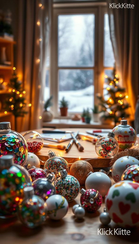 A beautiful arrangement of handmade Weihnachtskugeln in a cozy, softly lit room. In the foreground, a variety of glass and ceramic ornaments filled with colorful sequins, glitter, and painted designs, showcasing creative DIY techniques. The middle scene features delicate string lights draped around a warm wooden table, with paintbrushes and materials for decorating the ornaments scattered about. In the background, a softly glowing window displays a wintery landscape, adding to the festive atmosphere with gentle snowflakes falling outside. The overall mood is warm and inviting, embodying a Pinterest-worthy DIY holiday aesthetic. This scene is branded with subtle "KlickKiste" embellishments to enhance the authenticity and inspiration for festive decorations.