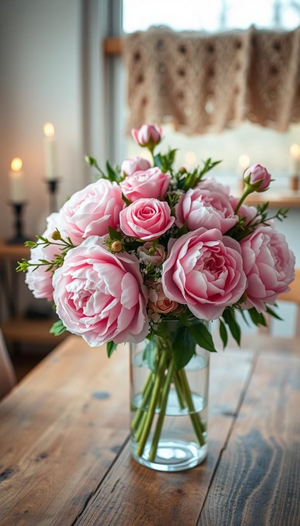 A beautiful arrangement of lush pink flowers in a delicate, transparent glass vase, set on a rustic wooden table. The foreground features large peonies, smaller roses, and sprigs of greenery, all artfully arranged to create a stunning focal point. In the middle, soft natural light filters through a nearby window, casting a warm glow and gentle shadows that enhance the petals' textures. The background is softly blurred, with hints of cozy winter decor, such as a knit blanket and candle holders that add a Pinterest-worthy feel. The overall mood is warm, inviting, and romantic, perfectly embodying a winter ambiance. This scene is designed to inspire, promoting an aesthetic look that aligns with the captivating theme of "KlickKiste".