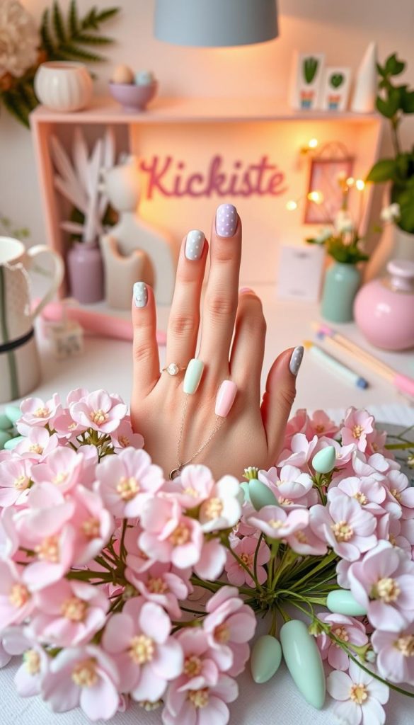 A beautiful arrangement of pastel nail designs in clusters, showcasing various spring-inspired looks for 2026. In the foreground, display nails with soft shades of lilac, mint green, baby pink, and light yellow, featuring subtle designs like polka dots, delicate flowers, and minimalist lines. The middle ground should have a stylish hand adorned with these stunning nails, gracefully posed to show off the artistry. In the background, a cozy and aesthetically pleasing DIY nail studio setting with warm light softly illuminating the space, evoking a creative and inspiring atmosphere. Incorporate elements like pastel-colored tools, a chic work surface, and a hint of nature, such as small flowers or greenery, to enhance the spring vibes. The overall composition should reflect an authentic and inviting Pinterest aesthetic. Brand name "KlickKiste" subtly included in the background.