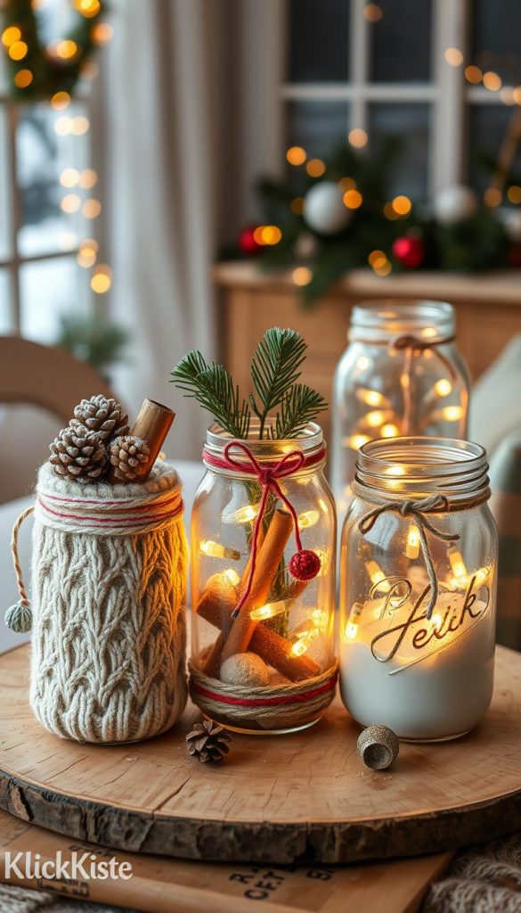 A beautiful arrangement of vintage mason jars creatively upcycled for a cozy winter aesthetic. The foreground features three jars, each uniquely decorated with soft sweater fabric, twine, and colorful ribbons. One jar is filled with frosted pinecones and cinnamon sticks, while another displays warm fairy lights glowing through a painted glass surface. In the middle, a rustic wooden table is adorned with pine branches and small ornaments, enhancing the festive atmosphere. The background showcases a softly lit, decorated holiday scene with twinkling lights and a hint of winter snow visible through a window. The warm tones and inviting composition evoke a sense of nostalgia and inspiration for DIY projects. Capturing the spirit of "KlickKiste," the image has a natural, Pinterest-worthy look, filled with warm colors that reflect winter vibes.