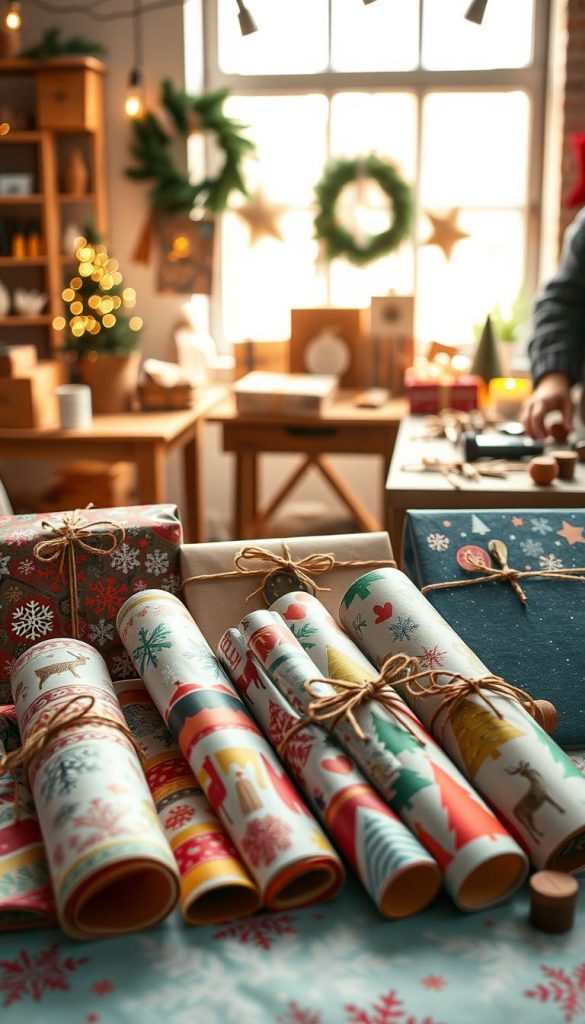 A beautiful array of DIY gift-wrapping paper inspired by Christmas themes, featuring vibrant colors and intricate designs. In the foreground, showcase hand-stamped and hand-painted patterns like snowflakes, reindeer, and festive trees, using warm, inviting colors. The middle ground should include rolled sheets of the wrapping paper, elegantly tied with twine and adorned with rustic ornaments. In the background, a softly lit, cozy craft room setting with wooden tables, scattered paint brushes, and stamps creates an inspiring workshop atmosphere. Warm, diffused lighting enhances the winter vibes, while the lens focuses on the details of the wrapping paper, capturing the essence of creativity and authenticity. The brand "KlickKiste" subtly integrated into the scene reflects a Pinterest-worthy aesthetic, evoking joy and holiday spirit. A beautiful array of DIY gift-wrapping paper inspired by Christmas themes, featuring vibrant colors and intricate designs. In the foreground, showcase hand-stamped and hand-painted patterns like snowflakes, reindeer, and festive trees, using warm, inviting colors. The middle ground should include rolled sheets of the wrapping paper, elegantly tied with twine and adorned with rustic ornaments. In the background, a softly lit, cozy craft room setting with wooden tables, scattered paint brushes, and stamps creates an inspiring workshop atmosphere. Warm, diffused lighting enhances the winter vibes, while the lens focuses on the details of the wrapping paper, capturing the essence of creativity and authenticity. The brand "KlickKiste" subtly integrated into the scene reflects a Pinterest-worthy aesthetic, evoking joy and holiday spirit.