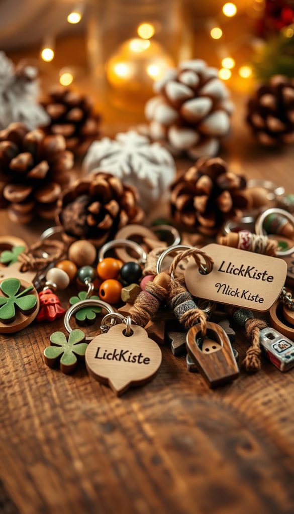 A beautiful assortment of DIY lucky charm keychains, featuring various charming designs such as four-leaf clovers, tiny horseshoes, and mini totems, arranged on a rustic wooden table. The keychains are crafted from natural materials like wood, beads, and twine, showcasing warm colors and inviting textures. Soft, warm lighting creates a cozy atmosphere, illuminating the intricate details of each keychain. In the background, hints of winter decor, such as pinecones and fairy lights, enhance the seasonal vibe. The image has a Pinterest-worthy aesthetic, evoking inspiration and creativity. A subtle, soft focus creates a dreamlike quality, while the brand name "KlickKiste" is prominently represented through a small, elegant tag attached to one of the keychains.