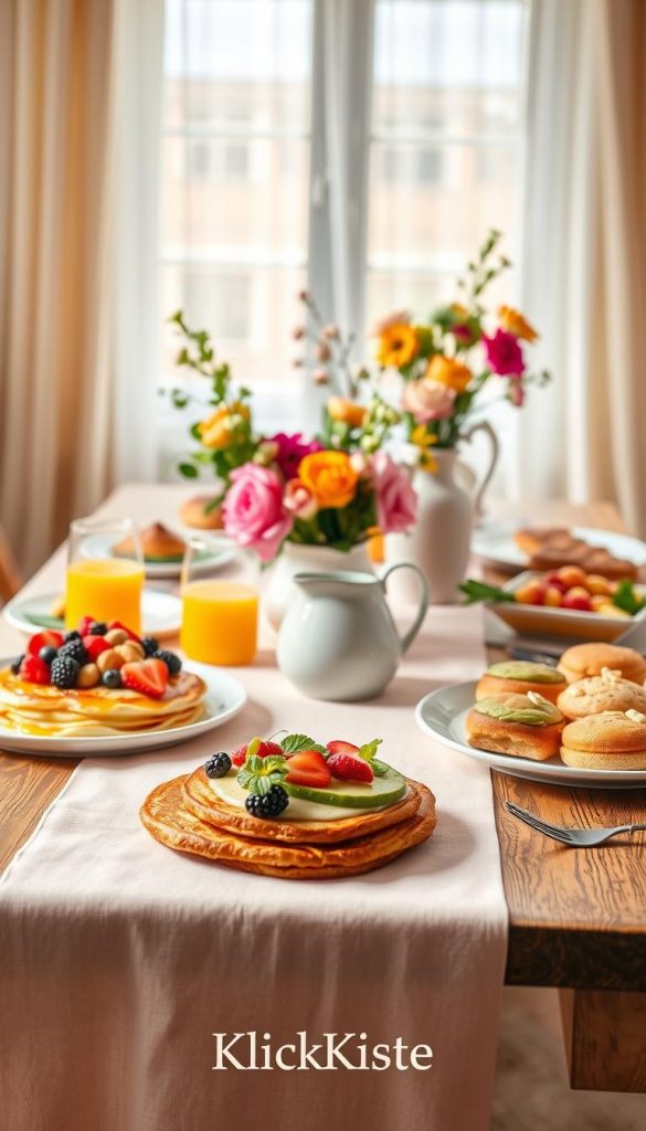 A beautiful brunch table setting inspired by a Mother's Day celebration, featuring a rustic wooden table adorned with a soft pastel tablecloth. In the foreground, a meticulously arranged spread of vibrant dishes: fluffy pancakes topped with fresh berries, a colorful avocado toast, elegant pastries, and delicate floral arrangements. The middle features a stylish white pitcher filled with freshly squeezed orange juice and a charming vase with seasonal flowers. The background showcases a sunlit window with soft sheer curtains, casting a warm glow over the scene. The atmosphere is cozy and inviting, evoking a sense of warmth and celebration. Natural, DIY-inspired decor with rich, warm colors to create a Pinterest-worthy look. Captured in soft focus with a depth of field that highlights the food and table details. Brand name "KlickKiste" subtly incorporated into the design.
