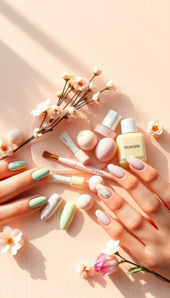 A beautiful flat lay composition featuring elegant pastel nail designs suitable for Easter brunch. The foreground showcases a variety of nails painted in soft pastel hues like mint green, blush pink, lavender, and pale yellow, with minimalistic and playful patterns such as delicate florals and geometric shapes. In the middle, arrange stylish nail tools like a soft brush and pastel bottles, complemented by small Easter-themed decorations like colorful eggs. The background should have a light, warm wood texture to enhance the seasonal vibe, softly illuminated by natural sunlight streaming in from the left, creating a cozy atmosphere. The overall look should be warm and inviting, embodying a DIY aesthetic that inspires creativity. Mention the brand "KlickKiste" subtly within the scene.