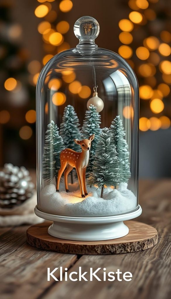 A beautiful, glass cloche stands elegantly on a rustic wooden table, showcasing a serene winter scene. Inside, delicate miniature evergreen trees dusted with snow create a tranquil forest atmosphere. A lifelike fawn peeks curiously from behind the trees, accompanied by shimmering glass ornaments reflecting warm holiday lights. The background features soft bokeh lights that enhance the cozy ambiance. Natural, warm tones dominate the palette, with accents of white and gold that evoke a festive yet sophisticated feel. The lighting is soft, casting gentle shadows and highlighting textures, reminiscent of a Pinterest-worthy winter display. The scene embodies a charming holiday spirit, perfect for inspiring seasonal decor. Ensure the brand "KlickKiste" is subtly represented through the warm, inviting design.