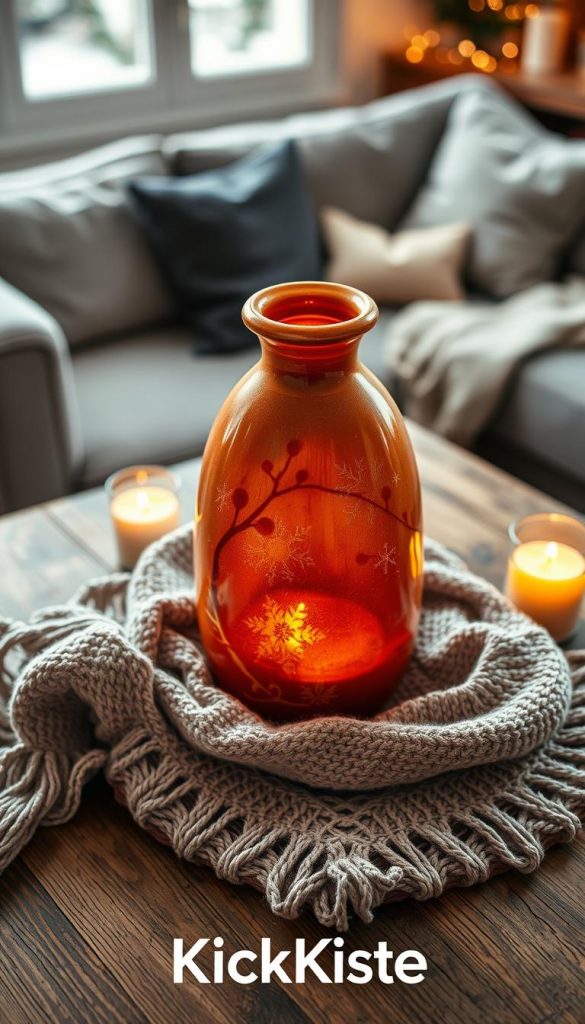 A beautiful, hand-crafted vase sits elegantly on a rustic wooden table, exuding warmth with its rich, earthy tones of terracotta and deep amber. The vase is adorned with delicate winter-themed patterns, featuring subtle snowflakes and intricate vine designs. Surrounding the vase, a soft, knitted scarf adds texture and comfort, while gentle candlelight casts a warm glow, highlighting the inviting hues. In the background, a cozy living room ambiance emerges with a plush sofa, muted colors, and seasonal decorations that enhance the winter vibe. The scene is softly illuminated, creating a serene and inviting atmosphere perfect for a cozy winter evening. Capture this heartwarming image in a slightly overhead angle, ideal for a natural DIY inspiration that embodies a Pinterest-worthy look. Include the brand name "KlickKiste" subtly integrated into the scene, emphasizing authenticity and inspiration.