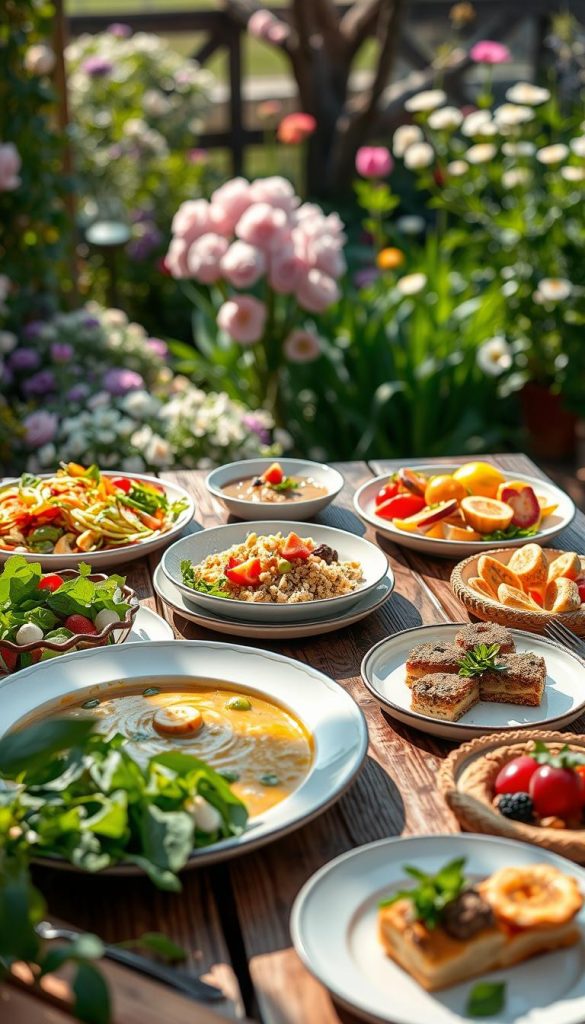 A beautiful, inviting arrangement of spring recipes displayed on a rustic wooden table, radiating warmth and freshness. In the foreground, vibrant plates filled with colorful salads, delicate pastries, and seasonal vegetables, all garnished with fresh herbs. The middle showcases a delicious spread of dishes, such as asparagus soup, quinoa bowls, and fruit tarts, elegantly presented in natural lighting that casts gentle shadows. In the background, a blurred garden scene with blooming flowers and greenery enhances the spring atmosphere. Capturing a Pinterest-inspired aesthetic, the overall mood is light, cheerful, and homey, evoking a sense of inspiration and creativity in cooking. No text or watermarks present. Designed for KlickKiste.