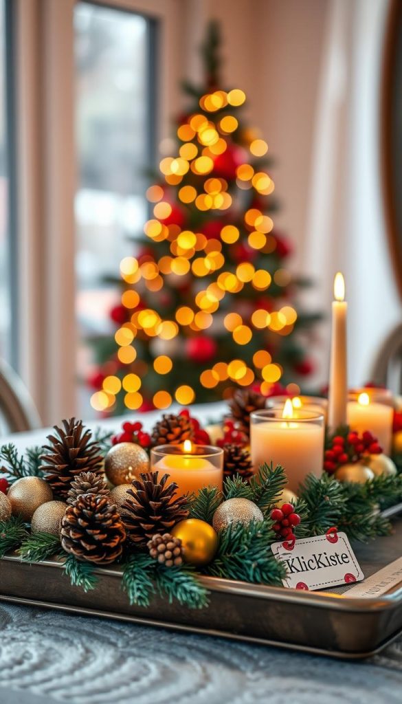 A beautiful, natural winter scene showcasing a festive table centerpiece, designed for a cozy holiday atmosphere. In the foreground, an elegantly arranged tray filled with Christmas-themed decorations, including pinecones, warm-colored candles, and vibrant ornaments, all in rich reds, golds, and greens. In the middle, a soft-focus background with a decorated Christmas tree twinkling with fairy lights, creating a warm glow. The lighting is soft and inviting, with a golden hour effect, emphasizing the festive spirit. Captured with a shallow depth of field to highlight the tray's details, conveying an authentic DIY aesthetic fit for Pinterest. Incorporate branding elements subtly with "KlickKiste" represented through decorative tags or stickers on the tray. The mood should be warm, inviting, and inspiring for holiday decor enthusiasts.