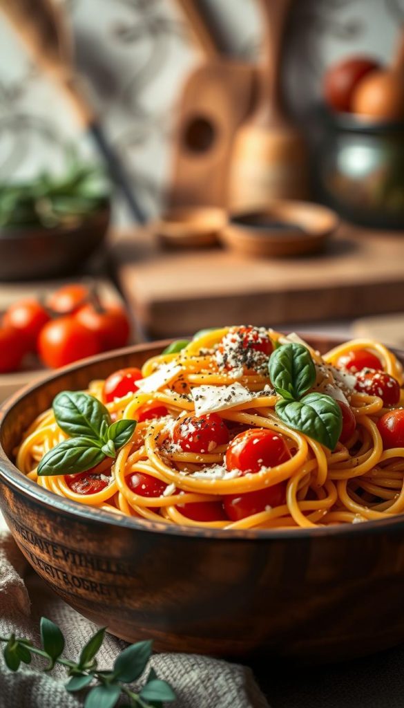 A beautiful one-pot pasta dish, featuring al dente spaghetti intertwined with vibrant cherry tomatoes, fresh basil, and creamy parmesan, garnished with a sprinkle of black pepper. The dish is set in a rustic wooden bowl, amid a warm, inviting kitchen atmosphere. In the foreground, soft natural lighting highlights the sheen of the pasta, creating an inviting and cozy mood, perfect for winter comfort food. In the background, a softly blurred out image of a rustic kitchen countertop with cooking utensils and dried herbs enhances the domestic vibe. The color palette features warm tones of red, green, and golden hues. A subtle depth of field effect enhances focus on the dish while softening the background details. Inspired by a Pinterest aesthetic, this image embodies the warmth and comfort of winter meals, designed for KlickKiste.