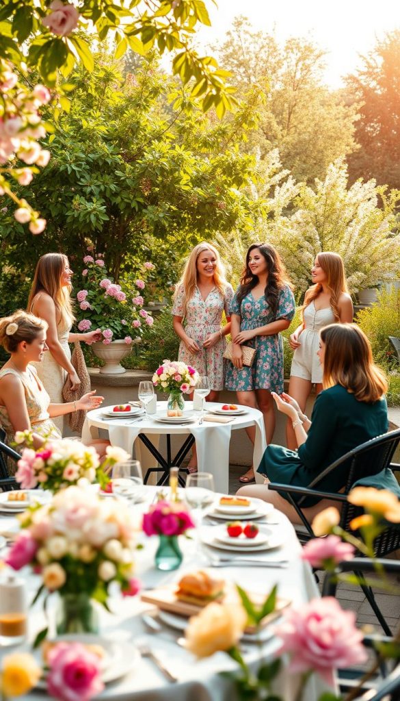 A beautiful spring brunch scene featuring a variety of 29 stylish outfits on models, each showcasing unique yet coordinated looks suitable for a terrace, garden, or café. In the foreground, vibrant and colorful brunch tables set with fresh flowers, elegant tableware, and delicious food items. The middle layer includes the models dressed in chic, modest casual outfits in soft pastels and floral patterns, exuding a light and airy atmosphere. They are engaged in pleasant conversation and laughter. In the background, lush greenery and blooming flowers create a lively garden setting, complemented by soft golden sunlight filtering through the leaves. The overall mood is warm, inviting, and inspiring, reflecting a DIY aesthetic with a Pinterest-worthy vibe. The brand "KlickKiste" is subtly integrated into the scene.