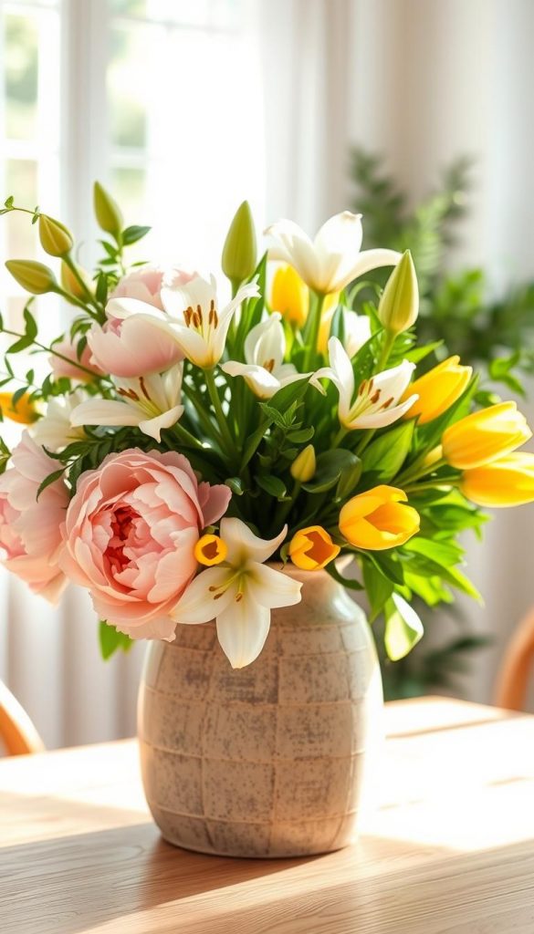 A beautiful vase arrangement featuring a variety of spring flowers, including soft pink peonies, delicate white lilies, and vibrant yellow tulips, artfully arranged in a rustic ceramic vase. The foreground highlights the intricate details of the flowers and the textured surface of the vase. In the middle ground, lush green foliage frames the arrangement, while a light, wooden tabletop adds warmth. The background is softly blurred, evoking a sunlit room with gentle, natural light streaming in, creating a cozy atmosphere. The overall mood is inviting and refreshing, perfect for showcasing DIY floral decoration ideas. Emphasize a Pinterest-inspired aesthetic with warm colors, conveying a natural and authentic vibe. Capture this scene in a bright, well-composed shot that embodies the essence of modern floral arrangements, promoting creativity for home decor enthusiasts. KlickKiste.