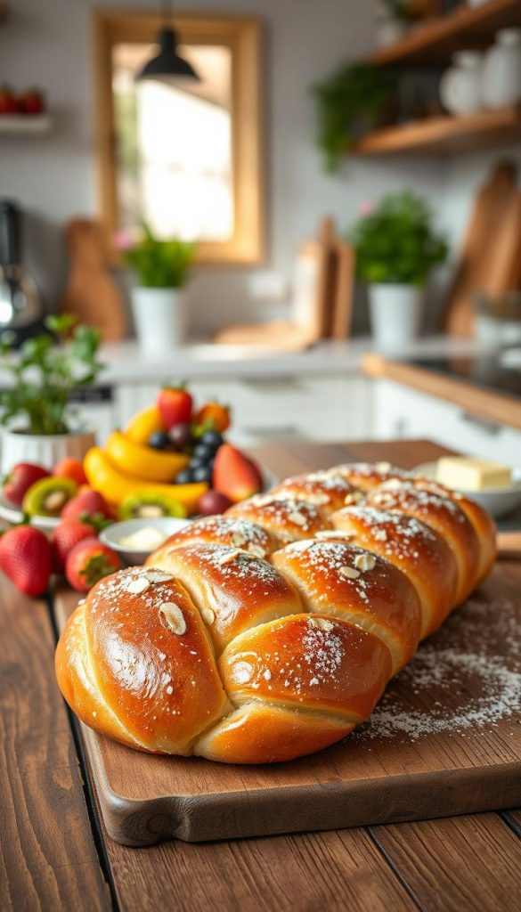 A beautiful vegan Hefezopf displayed elegantly on a rustic wooden table. In the foreground, the braided bread is golden-brown with a glossy sugar glaze, adorned with a sprinkle of almonds and a dusting of powdered sugar. The middle ground features a collection of vibrant seasonal fruits, like strawberries, kiwis, and blueberries, alongside a small dish of vegan butter. The background softly blurs into a cozy kitchen setting, with warm, natural lighting casting a gentle glow over the scene. A hint of greenery from potted herbs adds freshness. The atmosphere is inviting and inspirational, embodying a Pinterest-perfect vegan breakfast that feels wholesome and indulgent. This image captures the essence of “Veggie & Vegan with Joy,” branded with the name "KlickKiste".