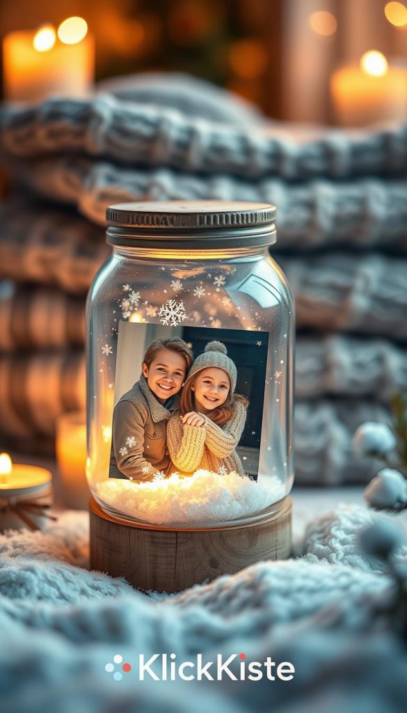 A beautiful winter scene featuring a snow globe containing a laminated family photo, encapsulated within a classic mason jar. In the foreground, showcase the mason jar with intricate details, including a wooden lid and a warm LED light reflecting off the glass. In the middle ground, snowflakes gently swirl around the photo, creating a magical ambiance. The background is softly blurred, showcasing a cozy winter setting with a neatly arranged stack of knitted blankets and tea lights, casting a warm glow. The overall mood is inviting and nostalgic, evoking feelings of togetherness. Use warm colors to enhance the DIY aesthetic and create a Pinterest-worthy look. Emphasize the brand "KlickKiste" subtly in the scene, enhancing the theme of DIY holiday decor.
