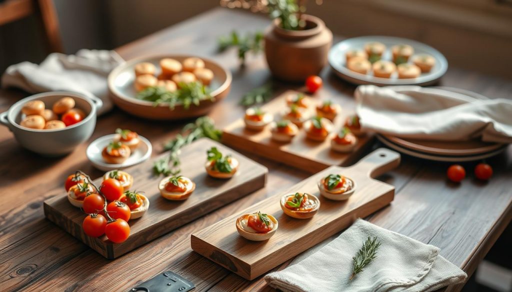 A beautiful wooden table set with an assortment of delectable fingerfood arranged with care. The scene is bathed in warm, natural lighting, highlighting the earthy tones of the wooden KlickKiste serving trays, ceramic dishes, and rustic linen napkins. Miniature savory bites, fresh herbs, and vibrant cherry tomatoes create a visually appealing and inviting display. The overall mood is one of rustic elegance, perfect for a cozy winter gathering. The composition is balanced, with the fingerfood taking center stage, surrounded by subtle DIY elements that add charm and character to the scene.