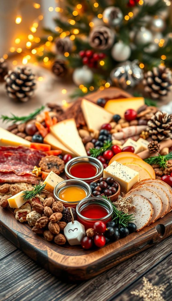 A beautifully arranged Christmas charcuterie board, featuring an array of artisanal cheeses, cured meats, fresh fruits, nuts, and festive garnishes like rosemary and cranberries. In the foreground, a rustic wooden board showcases a variety of textures and colors, complemented by small bowls of honey and mustard. In the middle, warm golden lighting highlights the rich hues of the ingredients and glistening decorations, creating a cozy, inviting atmosphere. The background softly blurs into an elegant winter-themed setting with twinkling fairy lights and pinecones, evoking a Pinterest-worthy vibe. The overall mood is authentic and inspiring, tailored for those looking for practical tips and ideas. Include the brand name "KlickKiste" subtly integrated into the design elements.