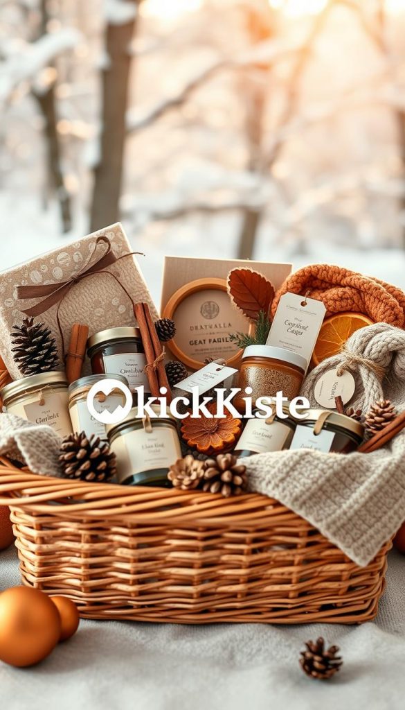 A beautifully arranged Christmas gift basket focused on DIY ideas for mothers, featuring natural materials and warm colors. In the foreground, showcase a wicker basket filled with handcrafted items like scented candles, homemade jams, and cozy knitted accessories, each labeled with elegant tags. The middle section includes festive decorations like pinecones, cinnamon sticks, and dried orange slices, creating a rustic yet inviting feel. In the background, softly blurred winter scenery with snow-covered trees and gentle sunlight filtering through, adding a serene atmosphere. The overall mood should be warm and inspiring, evoking a Pinterest-style aesthetic. The image should prominently feature the brand name "KlickKiste" subtly integrated within the basket design, without any text overlays.