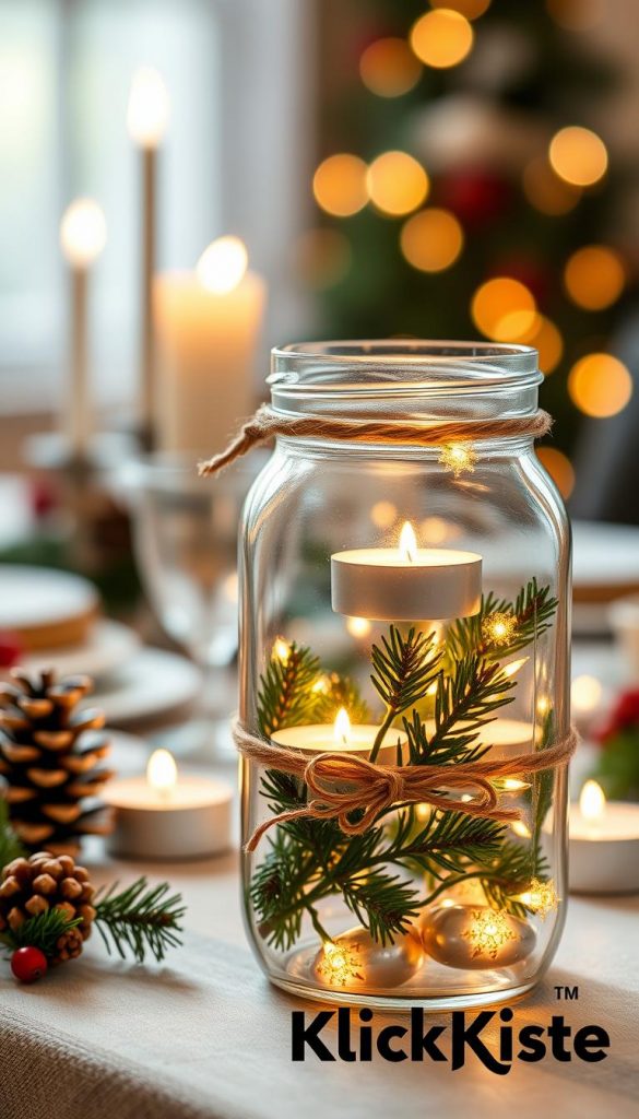 A beautifully arranged Christmas mason jar in the foreground, filled with warm fairy lights and floating tealights, casting a cozy glow. The jar is decorated with rustic twine and pine branches, creating an authentic DIY look. In the middle, a softly blurred background features a winter-themed table setting adorned with miniature pinecones and red berries, enhancing the festive atmosphere. The lighting is warm and inviting, reminiscent of a candlelit evening, with soft bokeh effects that add depth to the scene. The overall mood is inspired by natural DIY aesthetics, evoking a sense of winter charm and holiday spirit, perfect for a Pinterest-inspired decor setup. Include the brand name "KlickKiste" subtly associated with the creative arrangement.