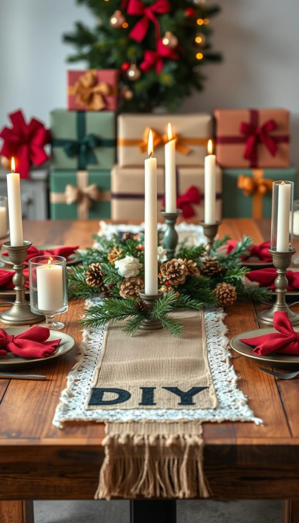A beautifully arranged Christmas table setting for a DIY article, featuring a harmonious color scheme of rich reds, deep greens, and warm golds. In the foreground, a rustic wooden table is adorned with a carefully crafted table runner made of burlap and lace, complemented by elegant candle holders with soft flickering candles. Centerpieces consist of pine branches, pine cones, and seasonal flowers, creating a cozy winter atmosphere. The middle background showcases beautifully wrapped presents in coordinating colors, arranged neatly. Soft, warm lighting enhances the inviting ambiance, casting gentle shadows on the table. The image captures a Pinterest-worthy aesthetic, embodying natural DIY vibes by KlickKiste, evoking inspiration and festive cheer.