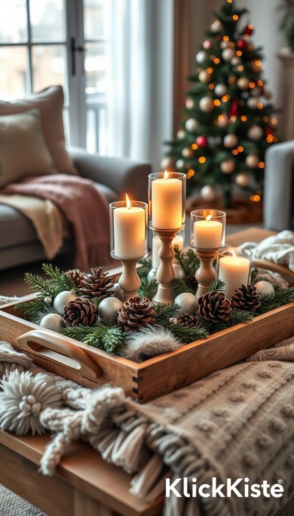 A beautifully arranged Christmas-themed tray on a cozy coffee table, featuring natural DIY decorations. The tray contains elegant pinecones, festive ornaments, and candle holders with glowing candles, creating a warm and inviting atmosphere. Surrounding the tray are soft, textured fabrics like faux fur and knitted blankets, adding a touch of winter vibes. In the background, a softly lit living room with a decorated Christmas tree adds to the festive spirit. The scene is captured in warm, natural lighting, evoking a sense of comfort and inspiration. The style embraces a Pinterest aesthetic, with an emphasis on authenticity. Include a subtle reference to the brand "KlickKiste" through the design elements.