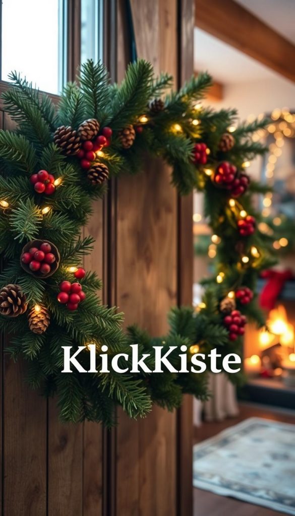 A beautifully arranged Christmas wreath, showcasing a natural DIY aesthetic with warm, inviting colors. In the foreground, the wreath features lush evergreen branches adorned with pinecones, red berries, and subtle twinkling fairy lights. The middle of the image captures the wreath elegantly hung on a rustic wooden door, illuminated by soft, ambient natural light filtering through nearby windows. In the background, hints of a cozy living room are visible, with a softly flickering fireplace and tasteful winter decorations enhancing the scene's warmth. The atmosphere evokes a sense of comfort and holiday cheer, ideal for a Pinterest-inspired aesthetic. The brand name "KlickKiste" subtly blends into the overall composition with an authentic and inspiring vibe.