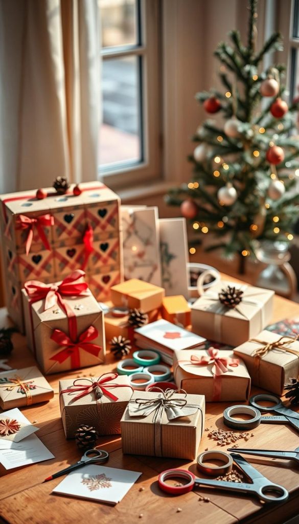 A beautifully arranged DIY Adventskalender by KlickKiste, set against a warm, inviting winter backdrop. In the foreground, intricate handcrafted boxes and envelopes, each adorned with festive decorations like ribbons, pine cones, and small ornaments. In the middle, a wooden table cluttered with colorful craft supplies: scissors, washi tape, and glitter. Soft natural light filters through a nearby window, casting gentle shadows and creating a cozy atmosphere. In the background, a subtle rustic Christmas tree stands adorned with twinkling lights and ornaments, enhancing the holiday spirit. The overall mood is warm, creative, and inspiring, inviting viewers to explore the joy of crafting their own Advent calendar.
