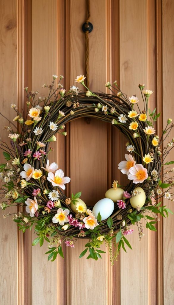 A beautifully arranged DIY Easter door wreath featuring vibrant, natural materials such as dried flowers, twigs, and pastel-colored eggs, embodying a warm and inviting winter vibe. In the foreground, place soft, lush greenery intertwined with the wreath, giving it a rich texture, while layers of delicate flowers in shades of pink and yellow add a gentle pop of color. In the middle, a rustic wooden door serves as a backdrop, its surface slightly weathered, showcasing the charm of sustainability. The background hints at a cozy home setting, complete with soft, diffused natural light that casts warm shadows and enhances the earthy tones. Capture the scene from a slightly elevated angle to convey depth and a Pinterest-worthy aesthetic. Ensure the image radiates authenticity and inspiration, representing the company's brand aesthetic, "KlickKiste."