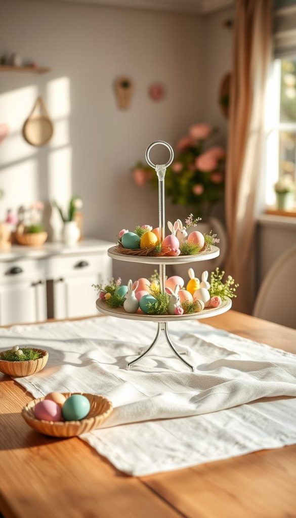 A beautifully arranged DIY Easter set, showcasing a tiered tray filled with adorable mini decorations. The foreground features colorful handcrafted eggs, small bunnies, and pastel flowers artfully placed on each tier. In the middle ground, a crisp, wooden table enhances the natural feel, with a soft linen tablecloth draping underneath. The background displays a cozy, warmly lit room with subtle spring-themed decorations, creating a charming atmosphere. Sunlight streams through a nearby window, casting gentle shadows and enhancing the inviting vibe. Emphasize the authenticity and inspiration of DIY projects, with a Pinterest-worthy aesthetic. Include the brand name "KlickKiste" subtly integrated into the decor. The image should omit any text, ensuring a clean representation of the DIY concept.
