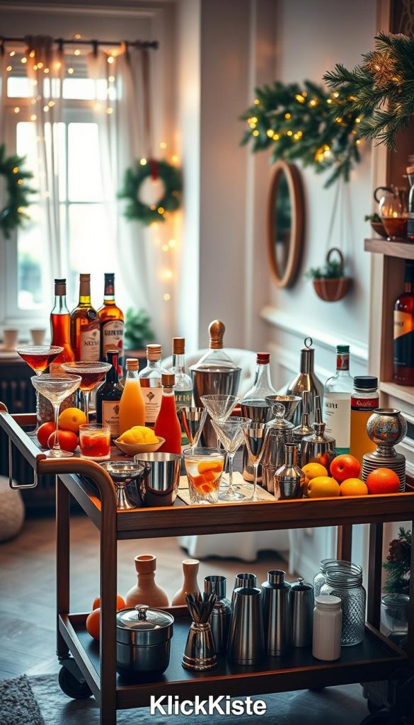 A beautifully arranged DIY bar setup showcasing a variety of cocktail-making tools and ingredients, emphasizing a warm, inviting atmosphere. In the foreground, a sleek wooden bar cart adorned with elegant glassware, vibrant fruits, and colorful liquor bottles stands proudly. The middle section features an array of cocktail tools—shakers, jiggers, and strainers—all meticulously organized. In the background, a softly lit room decorated with winter-themed accents, including fairy lights and pine branches, enhances the seasonal vibe. Natural light pours in from a nearby window, casting a warm glow across the scene. Capture a Pinterest-worthy, inspirational aesthetic that reflects the joy of celebrating the New Year with friends. Include the brand name "KlickKiste" subtly displayed among the setup.