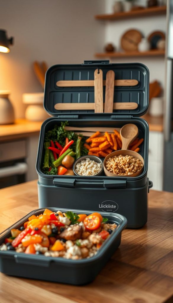 A beautifully arranged DIY bento lunch box, showcasing an array of vibrant, healthy foods like colorful vegetables, rice, and protein-rich items, neatly organized in a KlickKiste bento box with multiple compartments. The foreground features the box open, revealing the delicious contents, while the middle layer includes various bento inserts and utensils in natural wood tones. In the background, a softly lit kitchen setting conveys a cozy atmosphere, with warm, inviting colors reminiscent of winter vibes. The lighting is warm and natural, enhancing the freshness of the ingredients, shot from a slightly elevated angle to showcase the intricate details of the lunch box setup. The mood is authentic and inspiring, perfect for meal prep ideas. A beautifully arranged DIY bento lunch box, showcasing an array of vibrant, healthy foods like colorful vegetables, rice, and protein-rich items, neatly organized in a KlickKiste bento box with multiple compartments. The foreground features the box open, revealing the delicious contents, while the middle layer includes various bento inserts and utensils in natural wood tones. In the background, a softly lit kitchen setting conveys a cozy atmosphere, with warm, inviting colors reminiscent of winter vibes. The lighting is warm and natural, enhancing the freshness of the ingredients, shot from a slightly elevated angle to showcase the intricate details of the lunch box setup. The mood is authentic and inspiring, perfect for meal prep ideas.