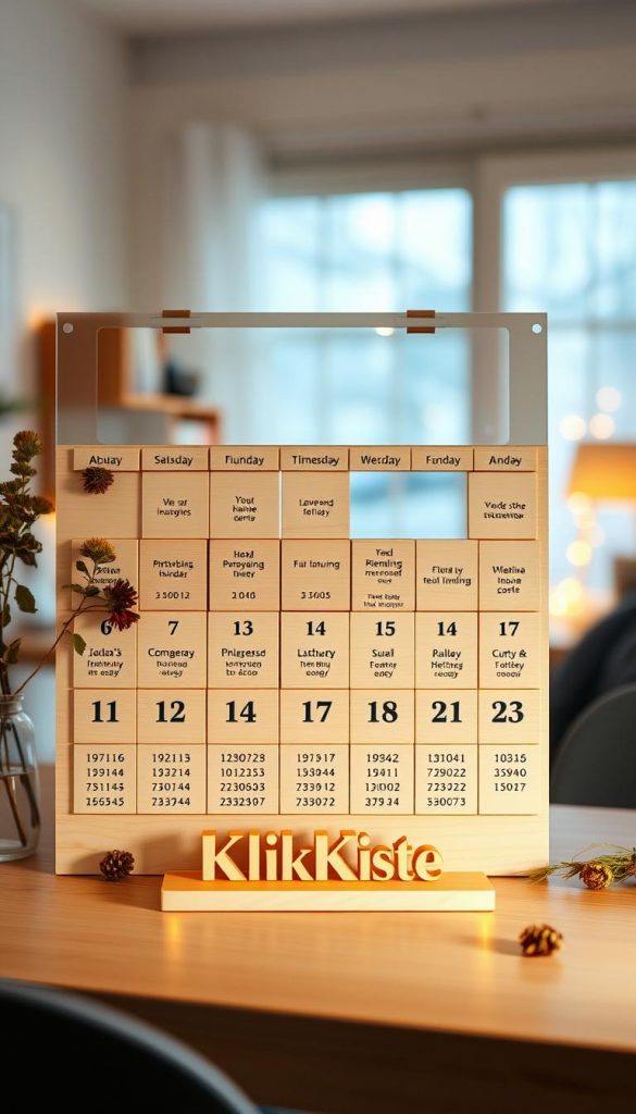 A beautifully arranged DIY calendar made from plywood, showcasing an inspiring and organized design. In the foreground, simple and elegant wooden blocks are arranged with dates and motivational quotes, illuminated by soft, warm lighting that creates a cozy atmosphere. The middle ground features a touch of nature, with dried flowers and leaves artfully placed around the calendar, evoking a Pinterest-style aesthetic. The background presents a softly blurred interior scene, suggesting a well-organized family workspace infused with winter vibes, where creativity flourishes. The brand name "KlickKiste" is subtly incorporated into the wooden design of the calendar. This artistic representation captures the spirit of DIY and upcycling, ideal for family organization.