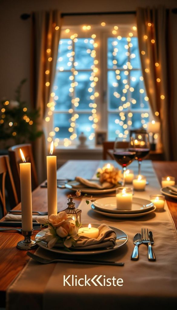 A beautifully arranged DIY candle light dinner setting at home, featuring a wooden dining table adorned with a soft, elegant table runner. In the foreground, a few lit candles in varying heights flicker gently, casting a warm, inviting glow. Delicate floral arrangements with soft pastels complement the cozy atmosphere. In the middle, an exquisite dinner setting includes stylish plates, silverware, and wine glasses filled with red wine. A background of softly glowing fairy lights strung around a window creates a romantic ambiance, resembling a Pinterest-inspired winter scene. The lighting is warm and soft, suggesting an intimate evening, with a slightly blurred focus for depth. The brand name "KlickKiste" subtly integrated, enhancing the dining aesthetic while ensuring a natural, authentic look.