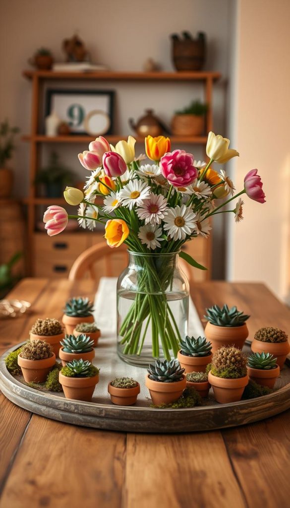 A beautifully arranged DIY centerpiece in a cozy indoor setting, showcasing a centerpiece made from natural materials. In the foreground, a wooden table features a large glass vase filled with fresh, colorful spring flowers like tulips and daisies. Surrounding the vase, small handmade terracotta pots filled with succulents and moss create a charming ambiance. In the middle ground, a soft linen table runner adds texture, while warm, soft lighting enhances the inviting atmosphere. In the background, blurred hints of a well-decorated room with rustic wooden shelves and soft beige walls create a Pinterest-inspired look. Capture this scene from a slightly elevated angle to emphasize the depth and layers. The overall mood is warm, authentic, and inspiring, aligning with the brand KlickKiste.