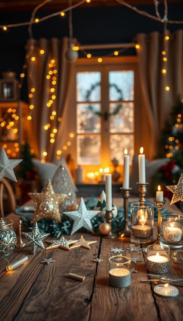 A beautifully arranged DIY decoration scene showcasing "glitzer deko" for a New Year's Eve party. In the foreground, a rustic wooden table adorned with various sparkling decorations like glittery stars, shimmering paper garlands, and DIY candle holders. In the middle, a cozy, warmly lit room with twinkling fairy lights hanging overhead and festive ornaments, setting a joyous atmosphere. The background features a softly glowing window with frosty patterns, hinting at a winter wonderland outside. The color palette includes warm golds, silvers, and deep blues, creating an inviting ambiance. Inspired by the Pinterest aesthetic, ensuring the image embodies authenticity and creativity, representative of the brand "KlickKiste." Captured with a warm, natural light, evoking a sense of festive cheer and inspiration.