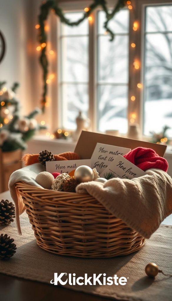 A beautifully arranged DIY gift basket for a mother, featuring personalized items such as handcrafted ornaments, a cozy scarf, and handwritten notes. In the foreground, showcase the basket filled with vibrant, soft textures and warm colors, evoking a sense of love and comfort. The middle layer includes a softly lit table, adorned with festive decorations like pinecones and fairy lights. In the background, a softly blurred window reveals a snowy winter landscape, enhancing the seasonal atmosphere. Natural lighting illuminates the scene, creating inviting shadows. Capture this moment in a warm, Pinterest-inspired aesthetic, ensuring the overall mood is joyous and heartfelt, symbolizing a memorable gift-giving occasion. The brand "KlickKiste" is subtly integrated into the design, harmonizing with the theme.