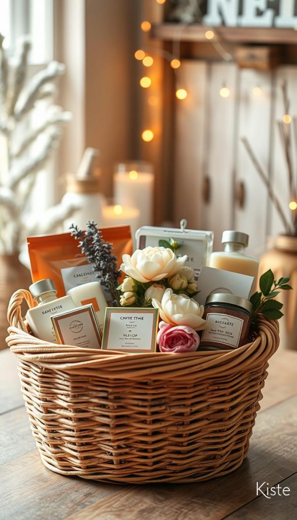 A beautifully arranged DIY gift basket showcasing smart alternatives for Mother's Day, featuring budget-friendly yet luxurious elements. In the foreground, a natural woven basket filled with artisanal items like handmade soaps, scented candles, and organic teas, all in warm colors. The middle layer should include delicate floral accents, such as peonies and lavender, enhancing the cozy atmosphere. In the background, a softly lit, winter-inspired setting with twinkling fairy lights and rustic wooden accents, creating an inviting Pinterest aesthetic. Light filters gently through the scene, adding warmth and a sense of inspiration. Ensure the image embodies authenticity while representing the brand "KlickKiste" discreetly incorporated into the arrangement.