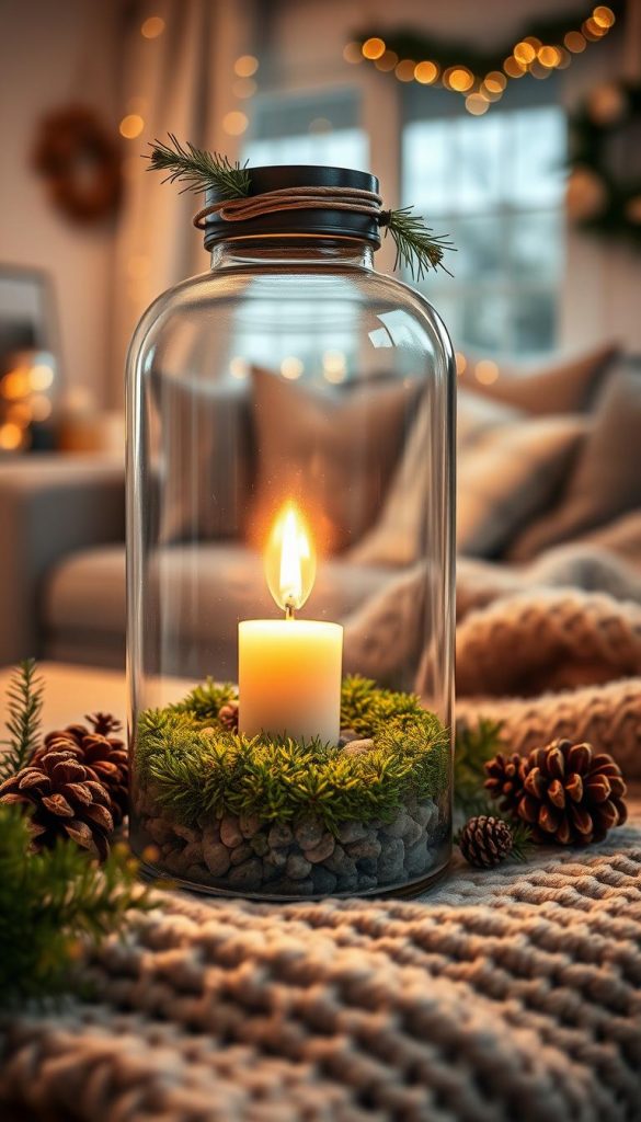 A beautifully arranged DIY glass lantern featuring a cozy winter aesthetic. In the foreground, the lantern, crafted from clear glass, is filled with lush green moss and small pebbles, showcasing a natural, earthy vibe. A warm, flickering candle illuminates the scene, casting a soft glow. Surrounding the lantern, winter decorations such as pine cones and a sprig of evergreens add texture and depth. The middle ground shows a softly blurred plush throw blanket in neutral tones, enhancing the homey atmosphere. In the background, a cozy living room with winter-themed decor subtly fades into view. The overall lighting is warm and inviting, promoting feelings of comfort and tranquility, as if captured through a warm filter with a 50mm lens. This image evokes inspirations from Pinterest, featuring the brand "KlickKiste" elegantly integrated.