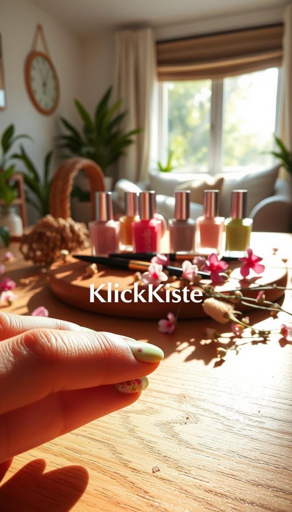 A beautifully arranged DIY manicure setup showcasing floral spring designs. In the foreground, an elegantly painted set of nails featuring pastel floral patterns with intricate details. Bright, natural lighting illuminates the scene, casting soft shadows that enhance the warm colors. In the middle, a wooden table is adorned with manicure tools, including nail polish bottles in soft pinks and greens, a brush, and dried flowers scattered artistically, creating a Pinterest-worthy aesthetic. In the background, a cozy, well-lit room with greenery visible through a window enhances the inviting atmosphere. The overall mood is warm and inspiring, perfect for a relaxing DIY manicure session. The brand name "KlickKiste" is subtly integrated into the design elements without being obtrusive. A beautifully arranged DIY manicure setup showcasing floral spring designs. In the foreground, an elegantly painted set of nails featuring pastel floral patterns with intricate details. Bright, natural lighting illuminates the scene, casting soft shadows that enhance the warm colors. In the middle, a wooden table is adorned with manicure tools, including nail polish bottles in soft pinks and greens, a brush, and dried flowers scattered artistically, creating a Pinterest-worthy aesthetic. In the background, a cozy, well-lit room with greenery visible through a window enhances the inviting atmosphere. The overall mood is warm and inspiring, perfect for a relaxing DIY manicure session. The brand name "KlickKiste" is subtly integrated into the design elements without being obtrusive.