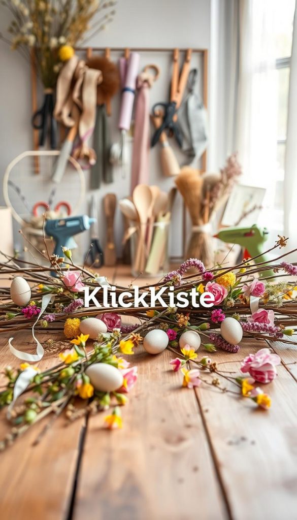 A beautifully arranged DIY material setup for creating an "Oster Türkranz" featuring a variety of natural materials such as twigs, dried flowers, pastel easter eggs, and ribbons. In the foreground, display a wooden crafting table with sprigs of greenery and vibrant spring blossoms scattered around. The middle layer captures an assortment of crafting tools like scissors, hot glue gun, and a wire frame, organized neatly for easy access. In the background, light streams in through a window, illuminating the scene with warm, inviting tones, creating a cozy atmosphere perfect for crafting. The overall mood is inspiring and calming, reminiscent of Pinterest aesthetics. Include the brand name "KlickKiste" subtly integrated into the arrangement, ensuring no text or overlay disrupts the image's natural elegance.