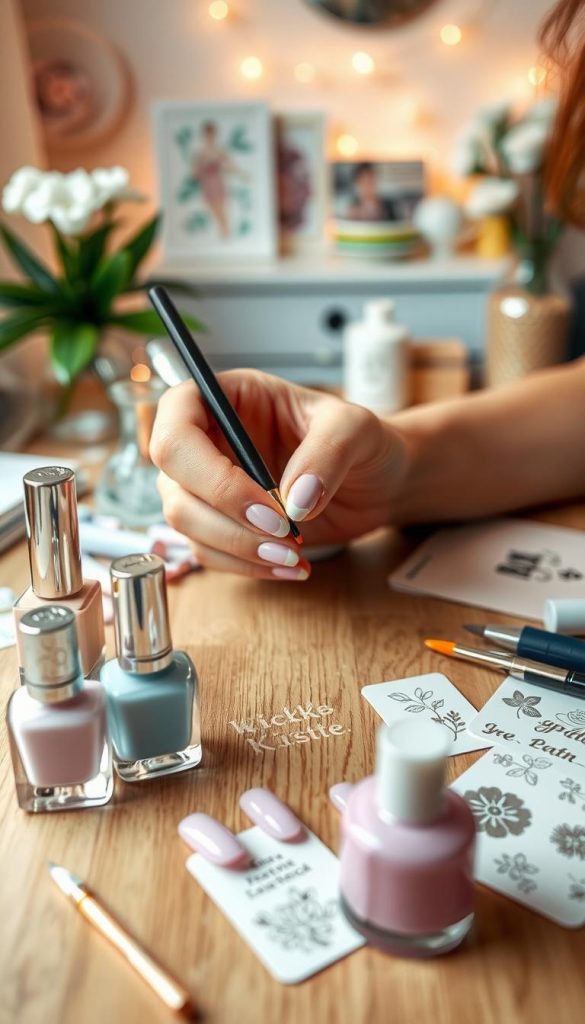A beautifully arranged DIY scene capturing the essence of creating pastel nails at home. In the foreground, a neatly set table with essential nail art supplies: pastel nail polishes in soft pinks, blues, and lilacs, a chrome topcoat, brushes, and decorative floral stencils. The middle of the composition focuses on an artist's hand gently painting a French tip and delicate floral patterns on a model's nails, showcasing the intricate designs. The background features a softly blurred aesthetic, evoking a cozy DIY workspace with warm, inviting lighting and pastel-themed decor, reminiscent of Pinterest aesthetic trends. The overall atmosphere feels creative, inspiring, and relaxed, embodying the essence of spring nail art. Brand name 'KlickKiste' subtly integrated into the workspace decor.