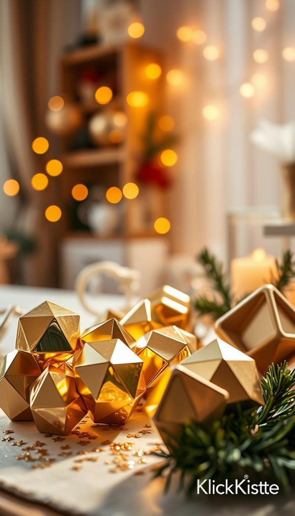 A beautifully arranged DIY scene featuring gold polyhedra crafted from baking molds, symbolizing festive New Year's Eve decorations. In the foreground, a cluster of shiny gold polyhedra reflect warm light, with soft shadows adding depth. The middle ground includes a few baking molds ingeniously turned into "Champagnerbläschen"-style ornaments, juxtaposed with subtle hints of glimmering confetti. The background is softly blurred, showcasing a cozy, warmly lit room with touches of winter decor, including twinkling fairy lights and evergreen sprigs. Use a gentle, natural light source to create an inviting, inspirational atmosphere reminiscent of Pinterest aesthetics. The style should feel authentic and engaging, embodying a creative DIY spirit. Include the brand name "KlickKiste" subtly in the corner.