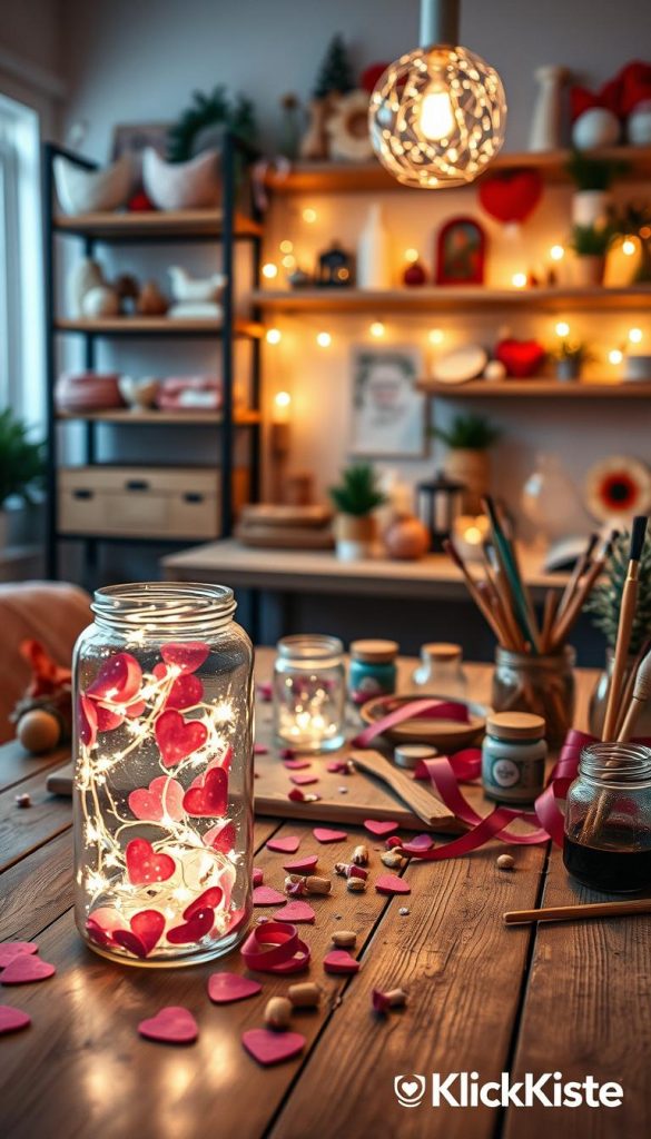A beautifully arranged DIY setup showcasing various glass projects for Valentine's Day gifts. In the foreground, display a sparkling glass jar filled with heart-shaped confetti and fairy lights, suggesting intimacy and warmth. In the middle, include a rustic wooden table scattered with tools and materials like paintbrushes, ribbons, and small glass containers, reflecting a creative atmosphere. In the background, softly lit with warm, ambient lighting, a cozy workspace features shelves adorned with upcycled glass crafts and winter decor elements, evoking a Pinterest-inspired vibe. The mood should be inspiring and inviting, encouraging creativity. Capture this scene with a soft focus and a gentle bokeh effect to highlight the details, branding it with "KlickKiste" subtly integrated into the environment.