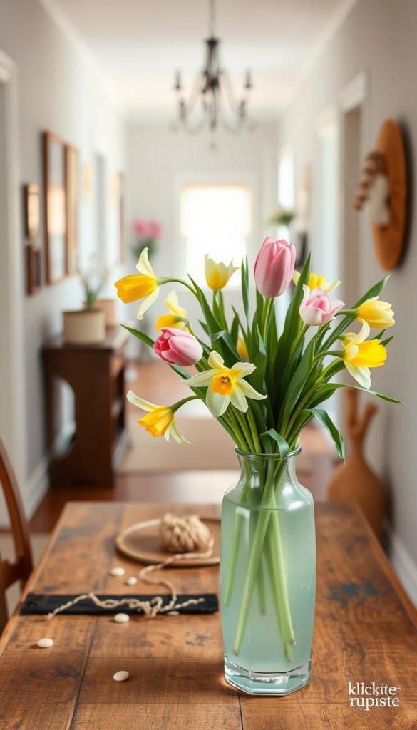 A beautifully arranged DIY stems vase prominently featured in the foreground, showcasing an assortment of fresh spring flowers like tulips and daffodils, artfully balanced in a sea-glass-inspired vase with a soft, translucent finish. The middle layer includes a rustic wooden table adorned with additional decorative elements such as small pebbles and twine, enhancing the natural feel of the scene. In the background, there’s a softly lit hallway, adorned with light pastel colors and subtle spring decor, creating an inviting atmosphere. The lighting is warm and diffuse, emulating a cozy daylight ambiance, captured from a slightly elevated angle to emphasize the textures and colors of the flowers and vase. The overall mood is fresh, inspiring, and authentic—a perfect representation of DIY spring decor by KlickKiste.