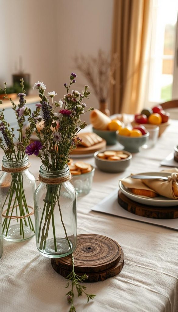 A beautifully arranged DIY table decor inspired by upcycling, showcasing a cozy brunch setting. In the foreground, there are glass jars filled with fresh wildflowers, each wrapped in twine, alongside rustic wooden coasters. The middle includes an inviting spread of artisan breads, vibrant fruits, and elegant tableware made from recycled materials, featured on a soft, textured linen tablecloth. The background features a softly lit window, allowing warm, natural light to create a serene atmosphere, beautifully highlighting the decor's earthy color palette. Incorporate a hint of winter vibes with subtle seasonal greenery. The overall mood is authentic and inspiring, embodying the brand "KlickKiste", perfect for a Pinterest-worthy setup.