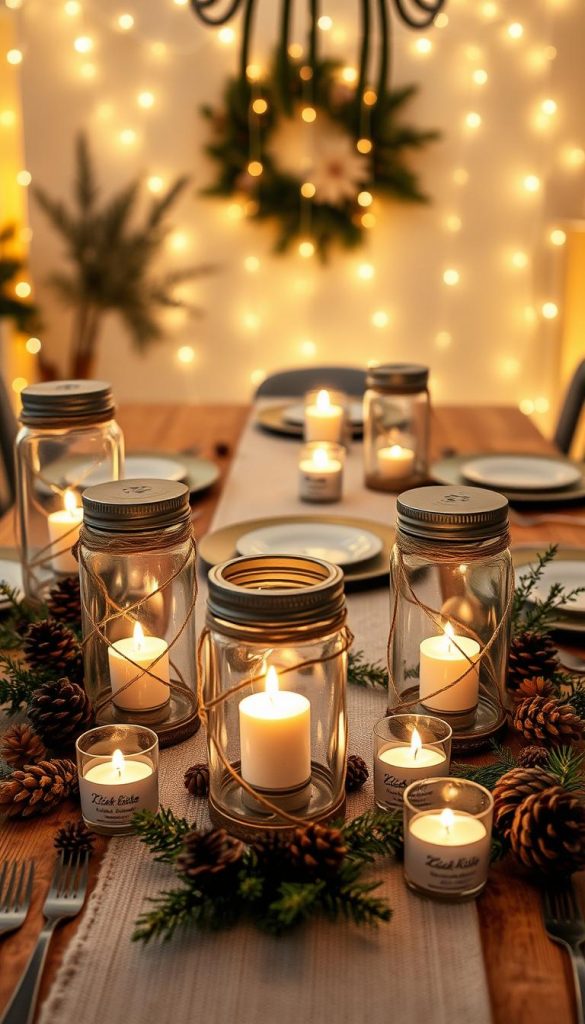 A beautifully arranged DIY table decoration featuring various "KlickKiste" wind lanterns, made from upcycled materials like glass jars and twine. In the foreground, showcase the lanterns with flickering tealight candles, casting a warm, inviting glow. Surround them with natural elements such as pinecones, small branches, and winter greens to enhance the cozy atmosphere. In the middle, include a rustic wooden table set for a dinner, adorned with a soft, textured table runner in warm earth tones. The background should feature softly lit string lights, creating a magical ambiance, against a backdrop of a softly lit, winter-themed setting. Aim for a dreamy yet authentic Pinterest-inspired look that evokes comfort, warmth, and inspiration, ideal for a cozy dinner at home.