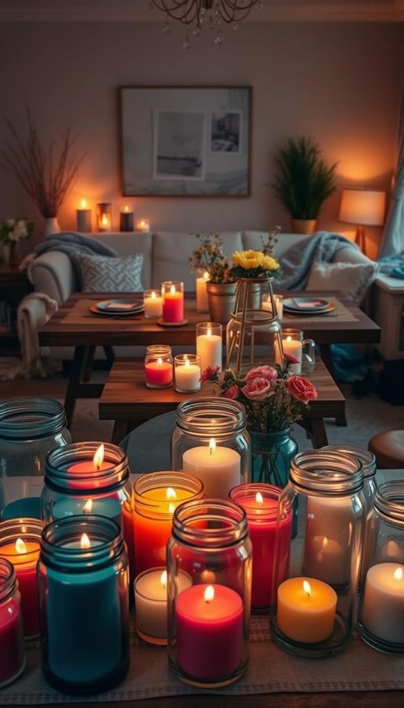 A beautifully arranged DIY upcycling decor scene featuring elegant, cost-effective candlelight ideas. In the foreground, showcase an array of repurposed glass jars filled with colorful, warm-toned candles, glowing softly. The middle ground presents a rustic wooden table set for a romantic dinner, adorned with delicate seasonal flowers in upcycled containers, and charming handmade decorations that reflect a Pinterest aesthetic. The background offers a softly lit living room with cozy blankets and an inviting atmosphere, highlighting natural materials. Warm, ambient lighting creates a serene mood, perfect for a winter-inspired candlelight dinner. Capture this inviting setting with a warm color palette and detailed textures, emphasizing the DIY spirit of "KlickKiste."
