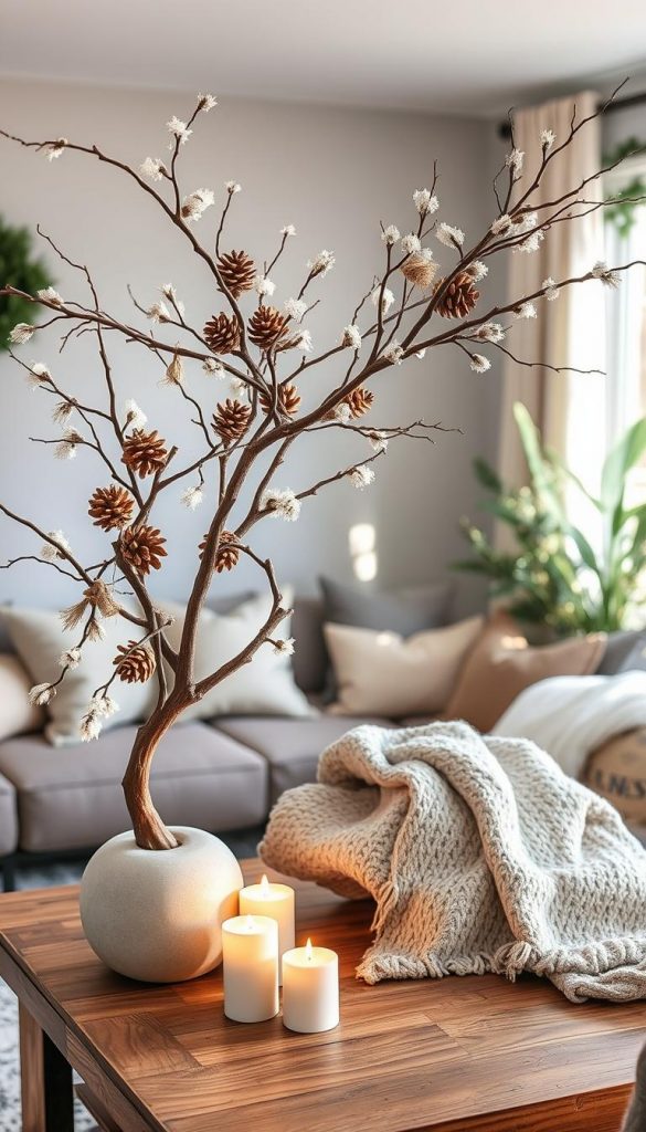 A beautifully arranged DIY winter-themed branch sculpture, serving as a statement décor piece in a cozy living room. The foreground features a large, artistic branch adorned with delicate, hand-crafted winter ornaments such as frosted pine cones, soft white lights, and subtle textures like burlap and twine, evoking a warm, inviting feel. In the middle, a rustic wooden table holds a plush, knitted throw and a few candles glowing softly, contributing to the ambiance. The background showcases a soft gray wall with a hint of winter greenery, enhancing the overall cozy atmosphere. Natural light streams in from a nearby window, creating warm highlights and gentle shadows, capturing the essence of a Pinterest-inspired winter vibe. This image represents the brand "KlickKiste," embodying authenticity and inspiration.