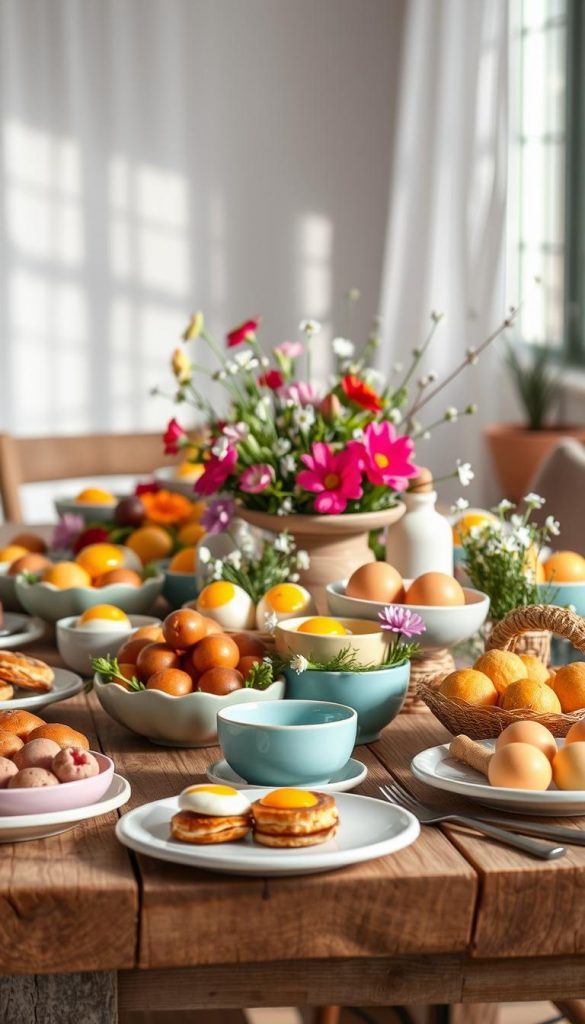 A beautifully arranged Easter breakfast buffet, showcasing vibrant colors and a warm, inviting atmosphere. In the foreground, a rustic wooden table is adorned with handcrafted ceramics of pastel hues, filled with an array of seasonal delights like fresh fruit, pastries, and colorful egg dishes. The middle layer features natural greenery and flowers, adding a touch of spring with their delicate blooms. In the background, soft, diffused morning light floods the scene, casting gentle shadows and enhancing the cozy mood. The setting exudes a DIY aesthetic reminiscent of Pinterest-inspired ideas, with a subtle winter vibe yet a celebration of life and warmth. Ensure the scene reflects a sense of authentic inspiration, incorporating elements associated with the brand "KlickKiste."